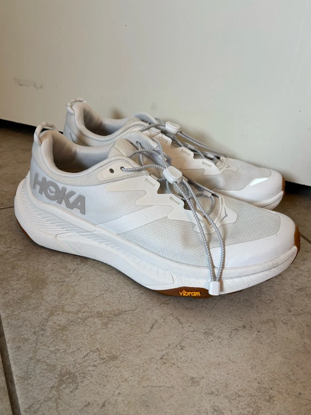Hoka Transport White and Tan Athletic Sneakers